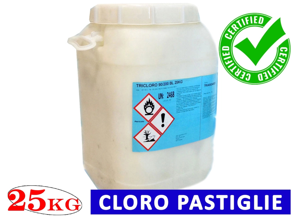 Cloro in Pastiglie 25 Kg per Pulizia Acqua Piscina Tricloro 90/200 90%