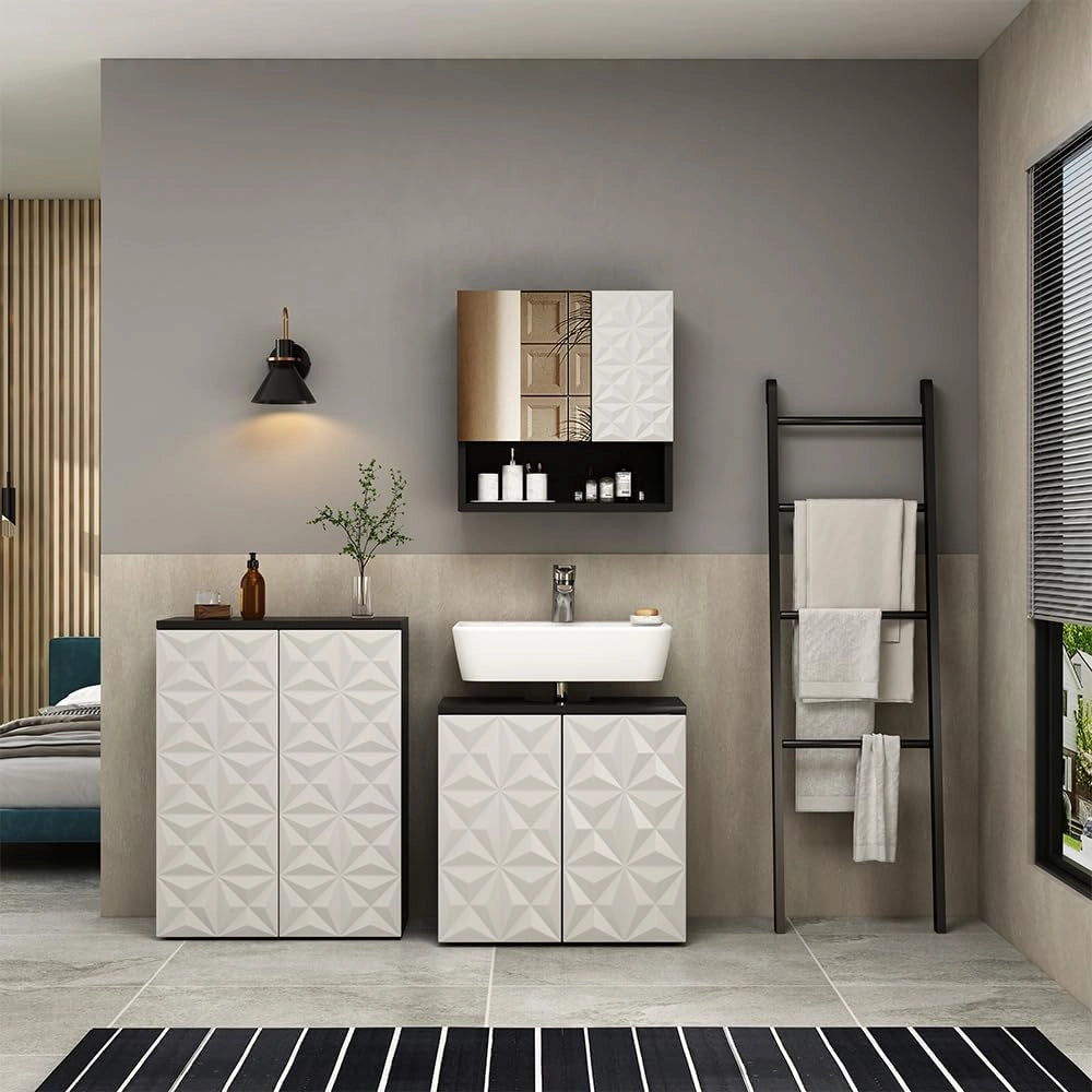 Set di mobili da bagno Edge, Nero, 60 cm, composto da mobile sottolavabo, specchiera e mobile medio