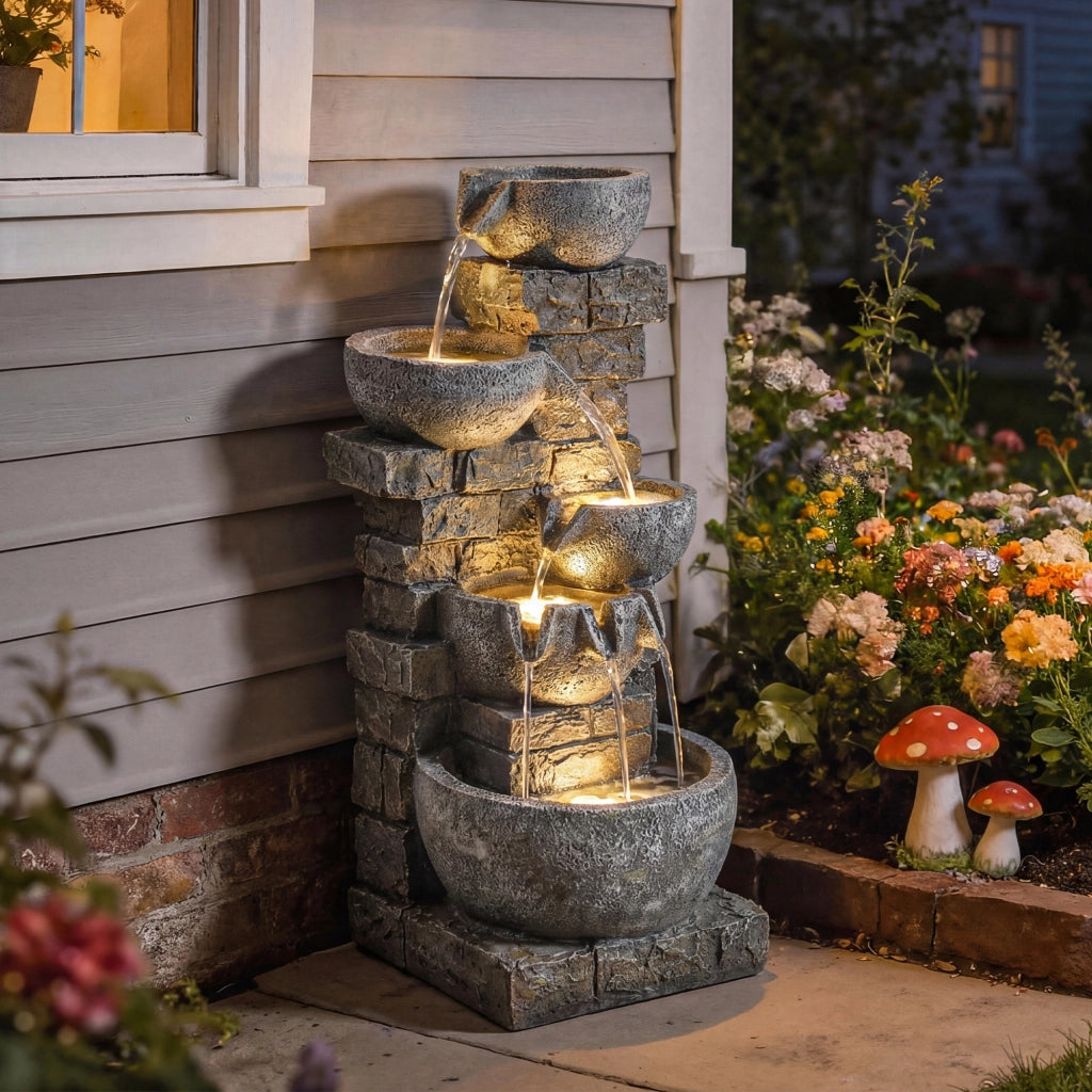 Fontana da Giardino a Cinque Livelli con LED ¨C Zephmum ¨C Effetto Pietra 34x36x80 cm
