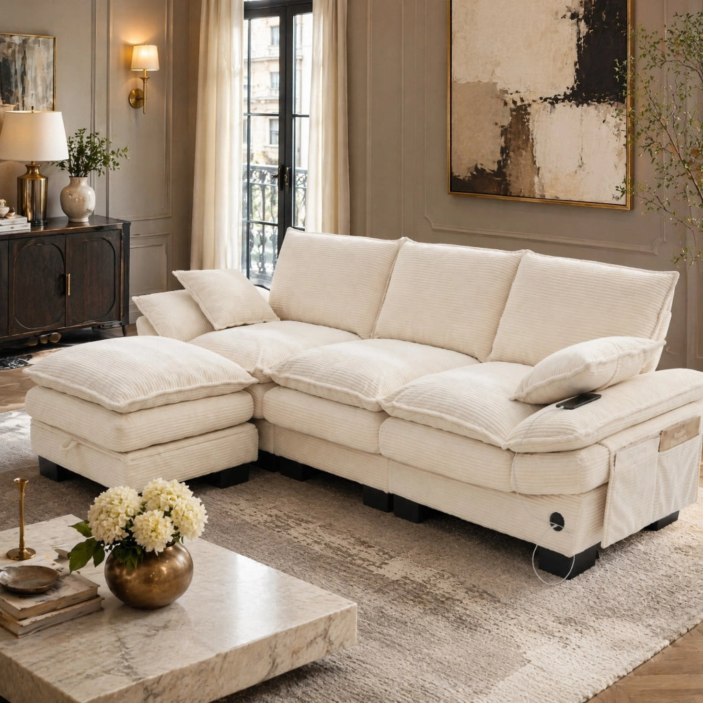Divano modulare 3 posti con pouf contenitore in corduroy beige; 260 cm; con USB-C
