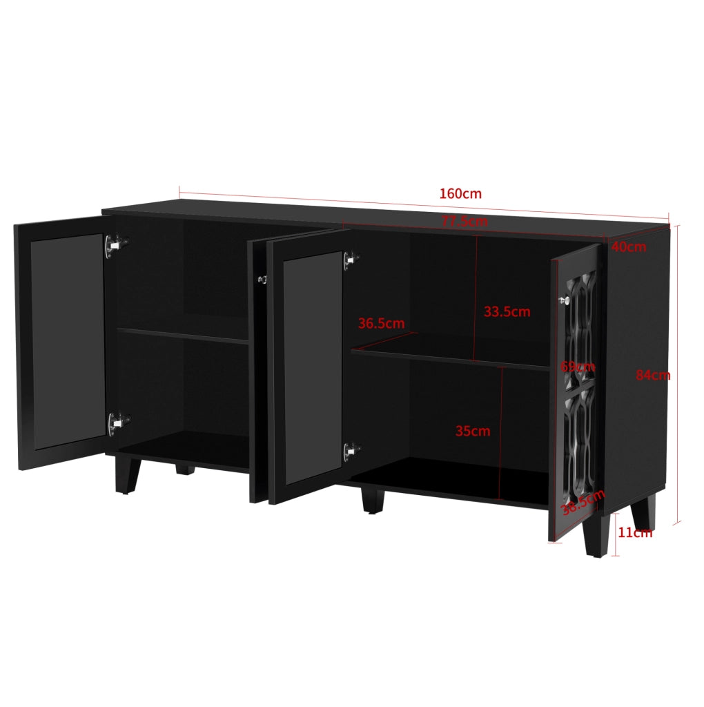 Credenza nera a specchio 160 cm con 4 ante e ripiani mobili