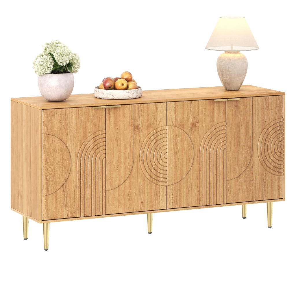 OKWISH Madia con 4 ante e ripiani regolabili, gambe in metallo, per soggiorno o sala da pranzo, MDF, naturale, 140 x 40 x 72 cm