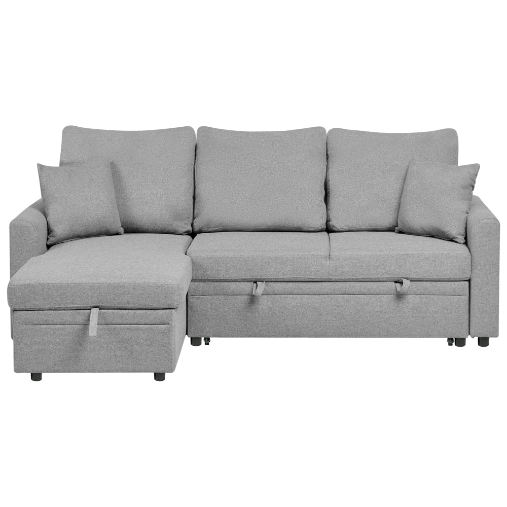 Divano letto angolare con contenitore lato destro grigio rivestimento in poliestere effetto lino contenitore cuscini design moderno