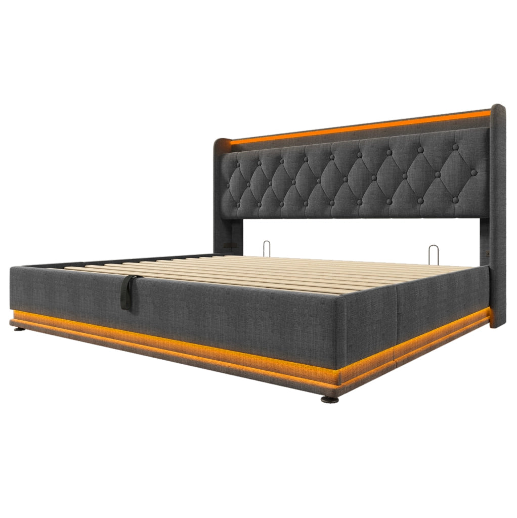 Letto contenitore imbottito ULEVR 180x200 cm con LED 360¡ã, USB e Type-C, testiera con ripiani, lino grigio