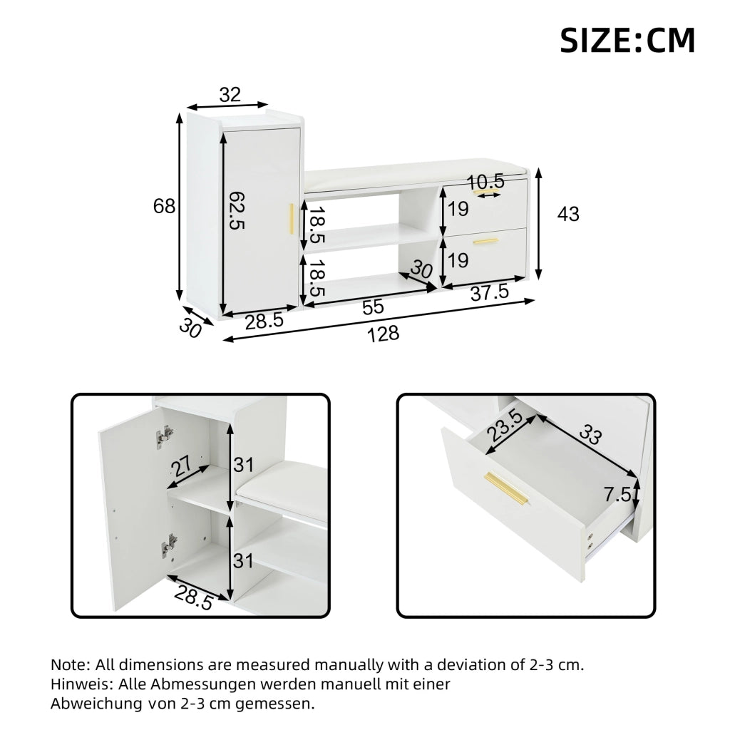 Scarpiera con 2 cassetti e 1 anta, seduta imbottita e ripiani aperti, per ingresso, bianco 128 × 30 × 68 cm