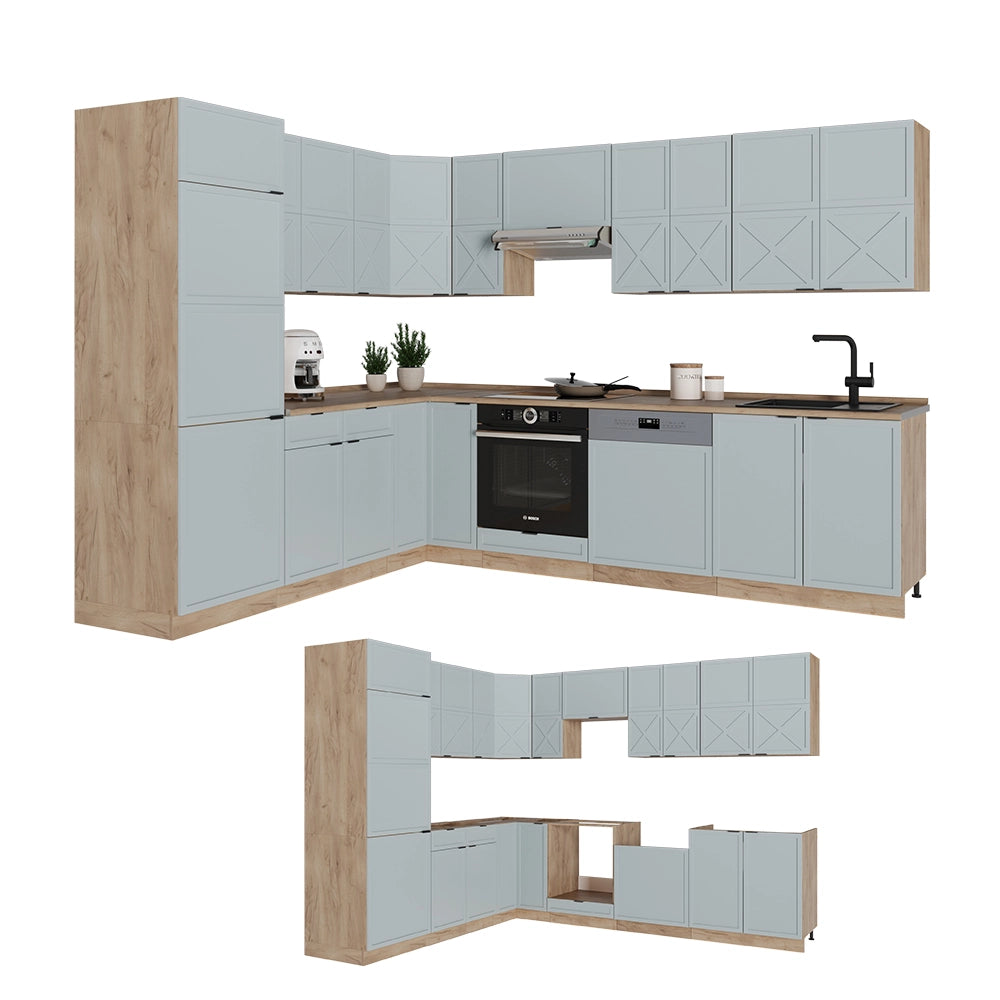 Cucina angolare completa Fame-Line Blu-grigio chiaro/Rovere dorato 227 x 60 cm, PL Antracite Vicco