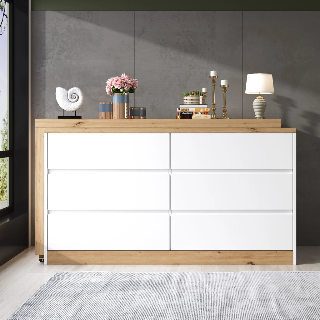Scrivania girevole 2 in 1 con sideboard, 120 x 50 cm, 6 cassetti, bianco/effetto rovere, struttura in truciolare