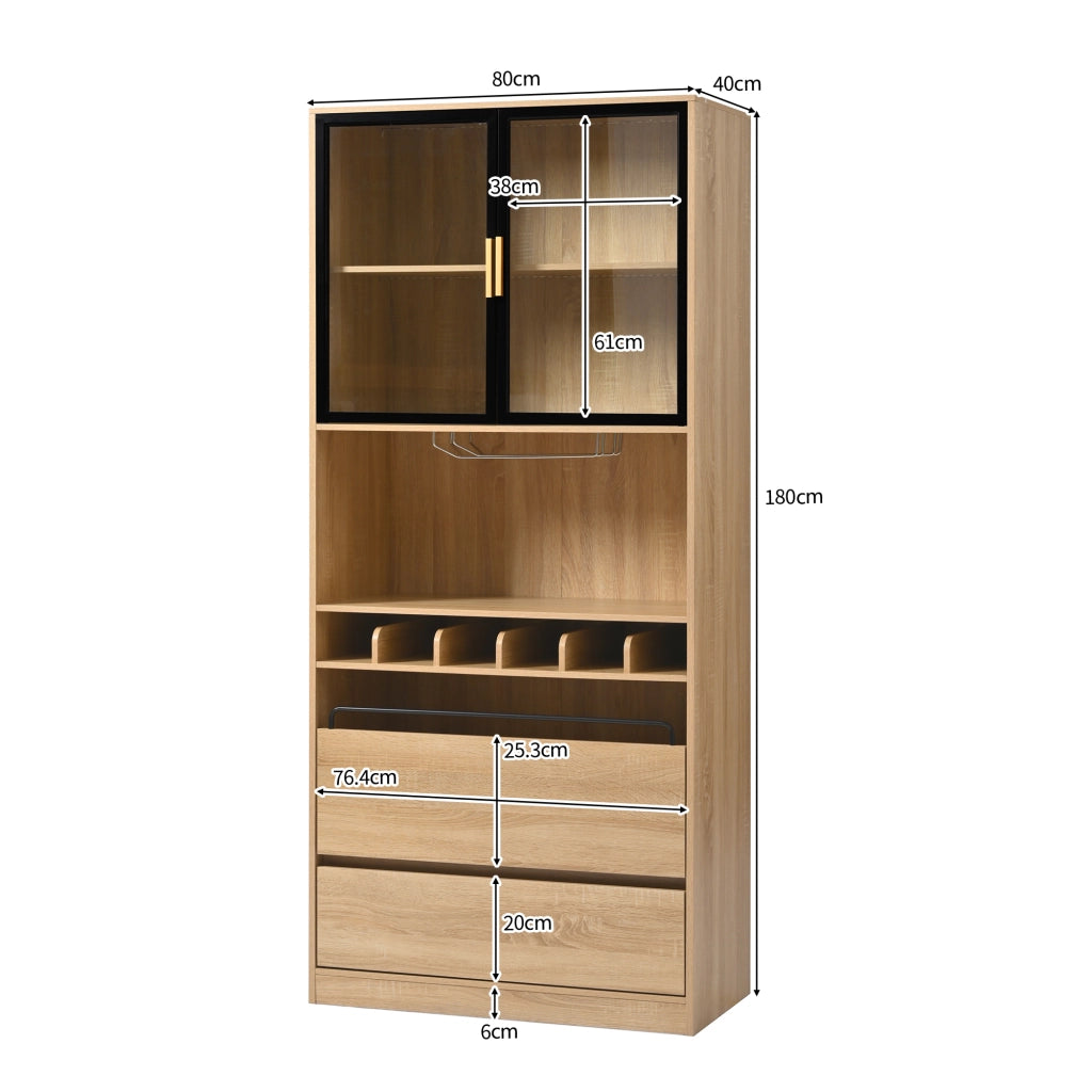 Mobile con ante in vetro; LED e cassetti - per bagno - in MDF - naturale - 180 cm