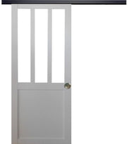 Porta scorrevole da officina rivestita di bianco, larghezza 73 +binario in alluminio nero + 2 gusci installati