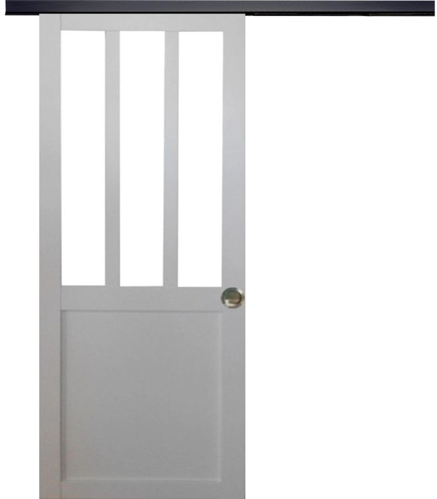 Porta scorrevole da officina rivestita di bianco, larghezza 73 +binario in alluminio nero + 2 gusci installati