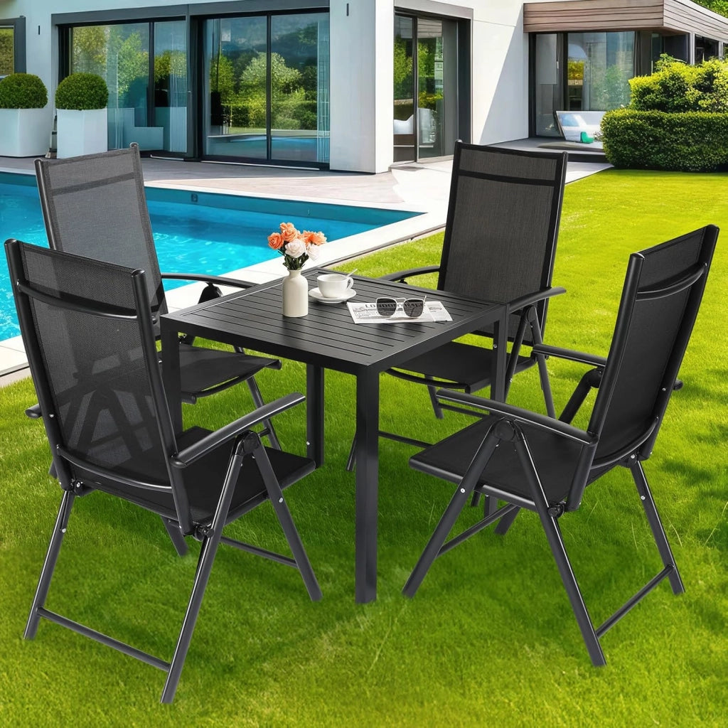 Set Giardino Esterno Aluminium 5 Pezzi, Tavolo da giardino tutto in Alluminio con 4 Sedie Pieghevoli Alto Regolabili, Resistente Alle Intemperie, Nero