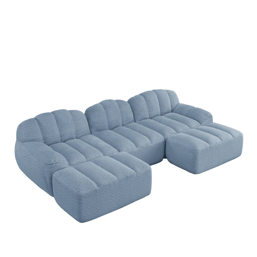 Divano Modulare U 3 Posti con 2 Poggiapiedi ¨C MINIMAL ¨C Tessuto Morbido Blu, Schiuma Alta Densit¨¤