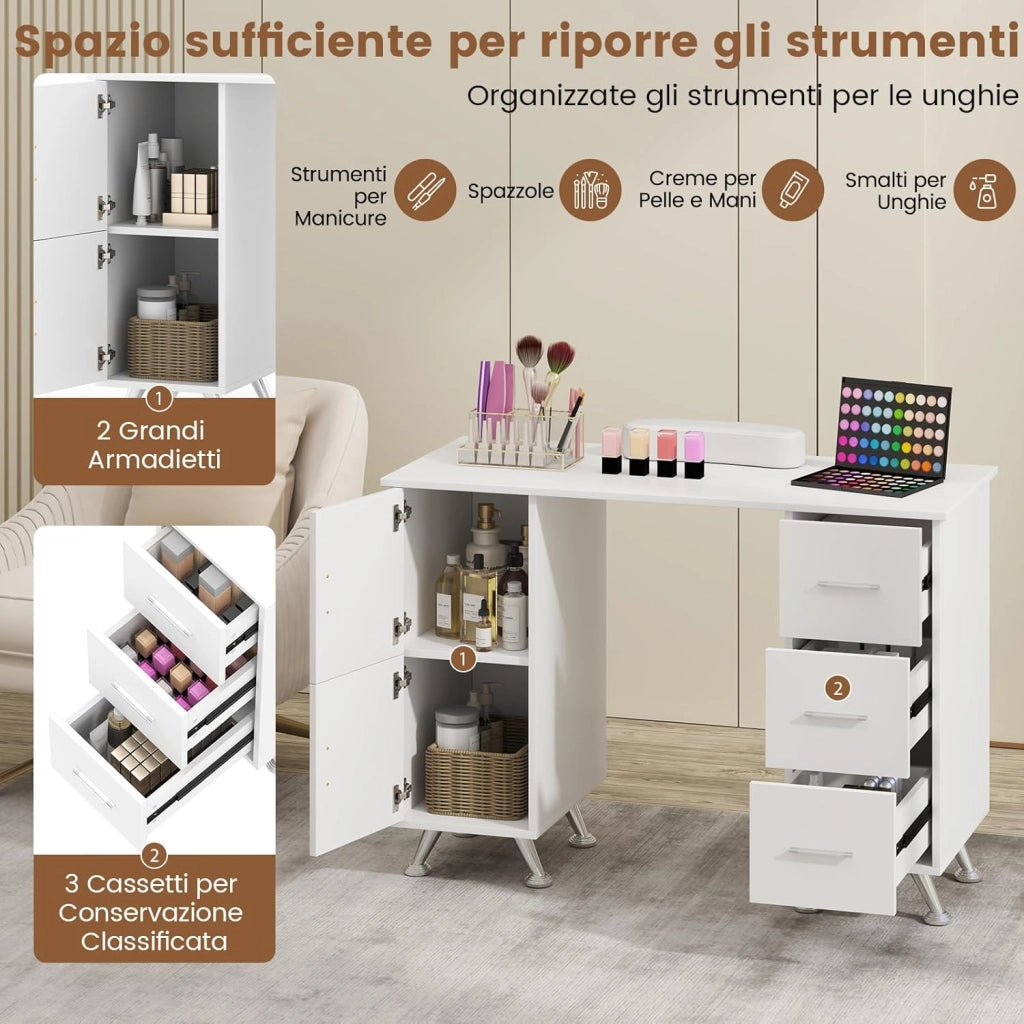 COSTWAY Tavolo per Manicure, Tavolo per Unghie con Cassetti, Cuscino Poggia Polsi e Gambe in Metallo, Stazione per Unghie Estetista Nail Art per Salone di Bellezza (Bianco)