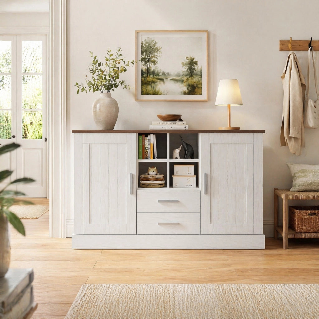 Credenza moderna 140 cm bianca e marrone con 2 ante, 2 cassetti e vani per riordinare