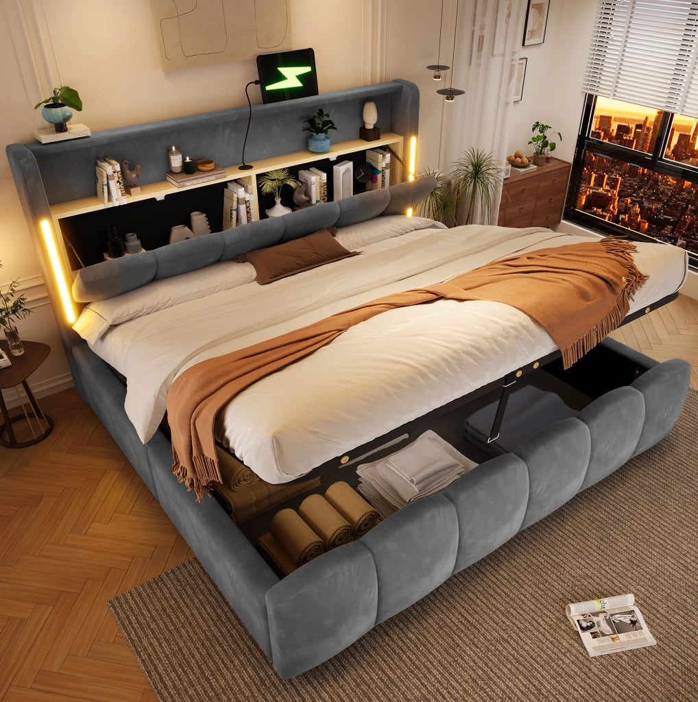 Letto imbottito 180x200 cm in velluto grigio con LED; vano contenitore e porte USB/Type-C