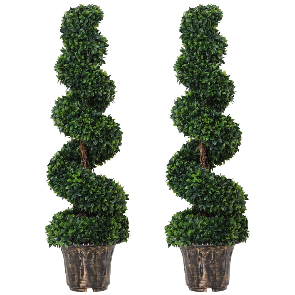 Set 2 Piante Artificiali di Bosso a Spirale per Interni ed Esterni con Vaso, ?32x120 cm, Verde