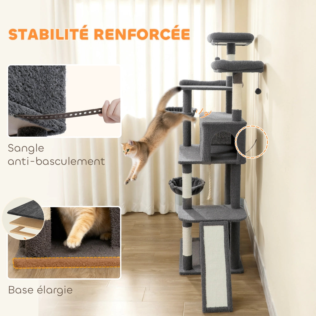 Arbre a Chat con Grigliatoio 3 Letti 2 Nicchie e 3 Giocattoli ¨C zephmum ¨C Grigio 174 cm