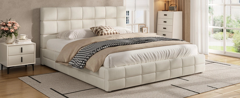 Letto imbottito matrimoniale 180 × 200 cm con testiera, senza materasso, in velluto beige, struttura in MDF e multistrato