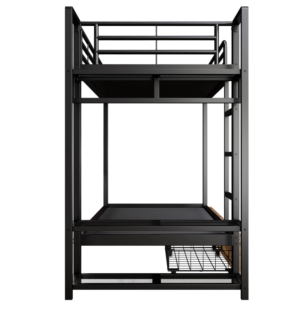 Letto a castello 90x200 cm nero metallo, LED e 2 cassetti, senza materasso