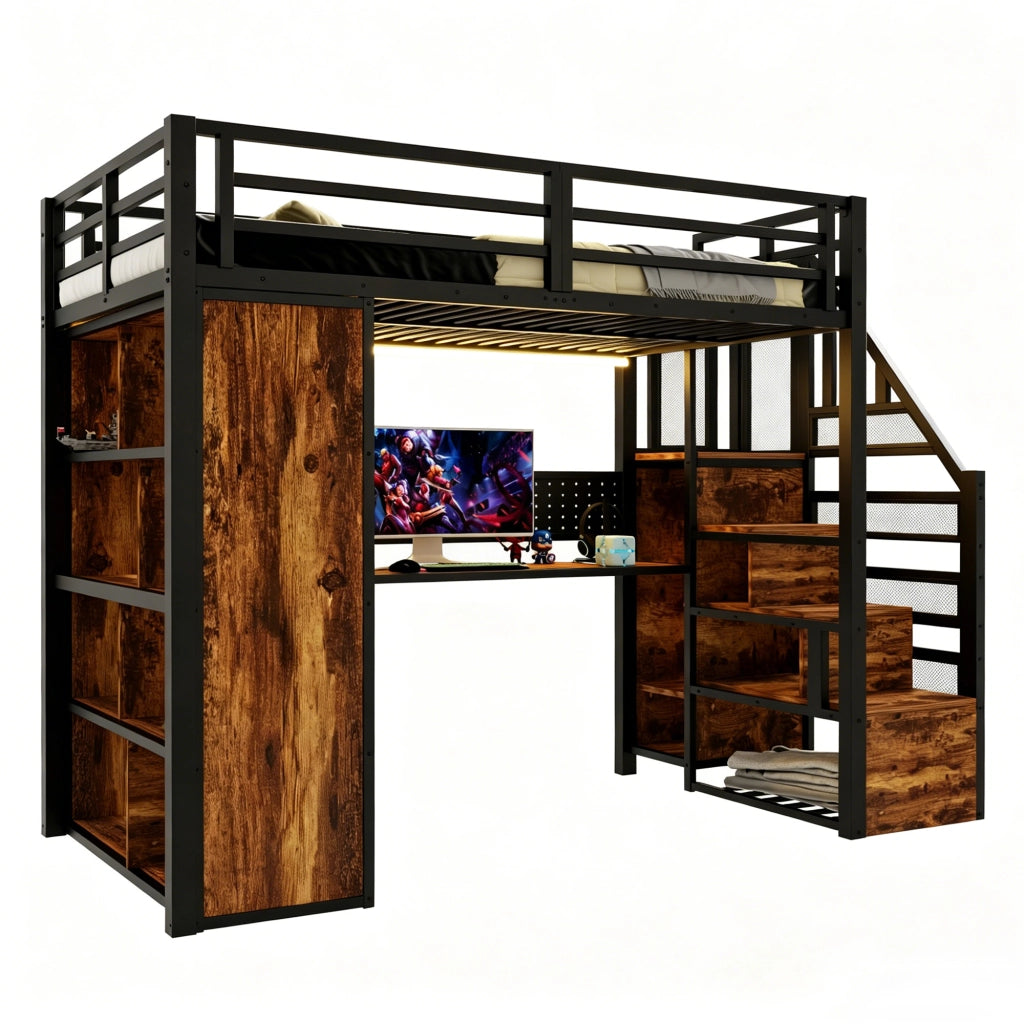 Letto a soppalco in metallo 90x200 con scrivania; armadio e LED; nero