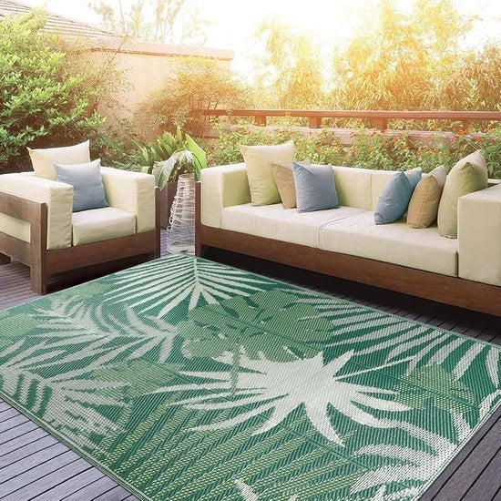 Tappeto esterno UV-resistente da 150x245 cm - tappeto in plastica riciclata reversibile a motivi di paglia - tappeto per patio, balcone, spiaggia, giardino - verde