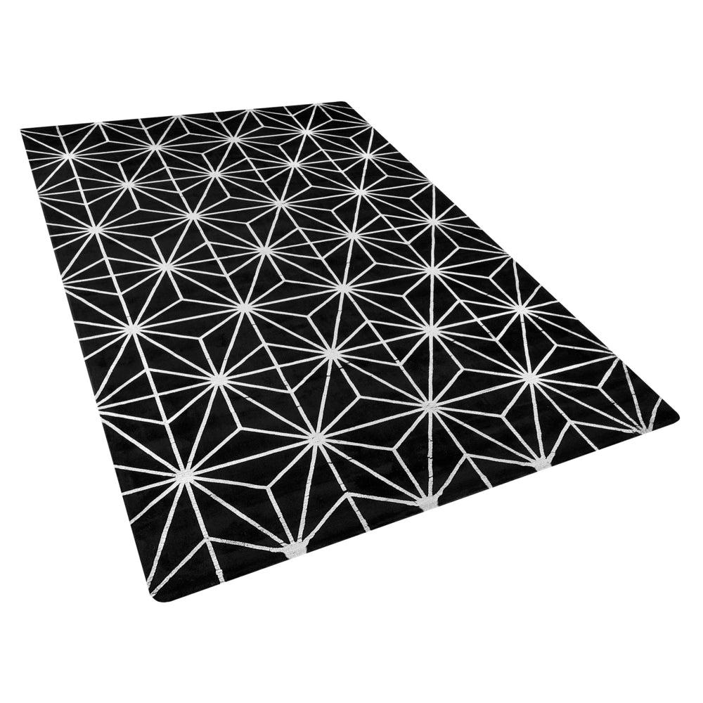 Tappeto tappetino Nero e Argento Motivo Geometrico Viscosa e Cotone 140 x 200 cm Tessuto a Mano Moderno Stile Glam Soggiorno Camera da Letto