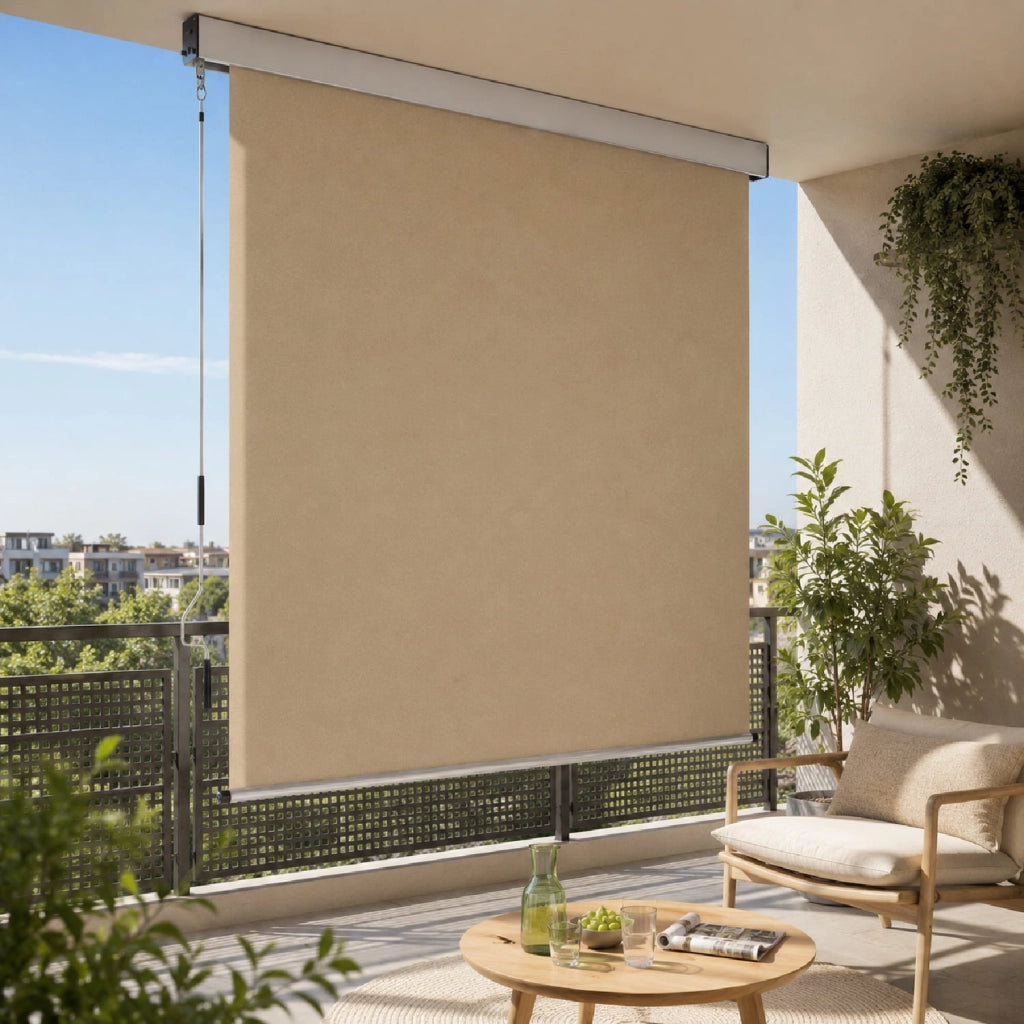 Tenda Verticale Per Balcone Terrazza Veranda Protezione Privacy E UV Idrorepellente E Manovella Rimovibile Con Cassonetto In Alluminio E Parasole Frangivista Da Sole 180 X 250 Cm Beige