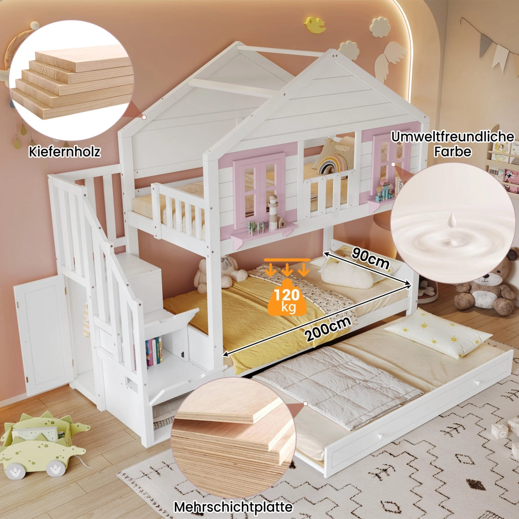 Letto a castello per bambini 90 × 200 cm con letto estraibile, scale contenitore e appendiabiti, senza materasso