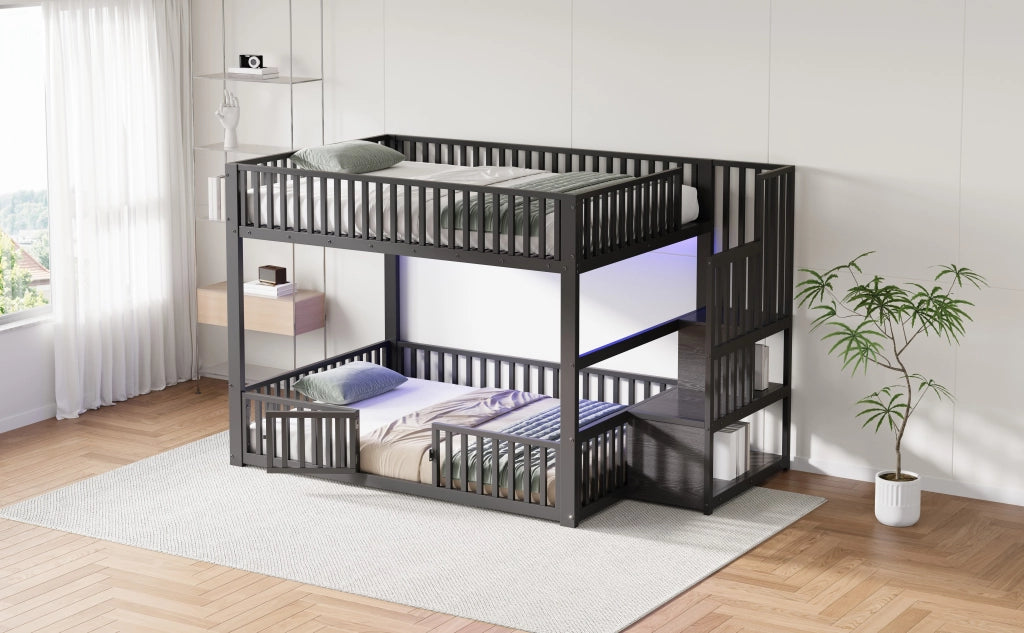 DESMIU Letto a castello 140 × 200 cm 2 posti con LED, scala contenitore, senza materasso, nero