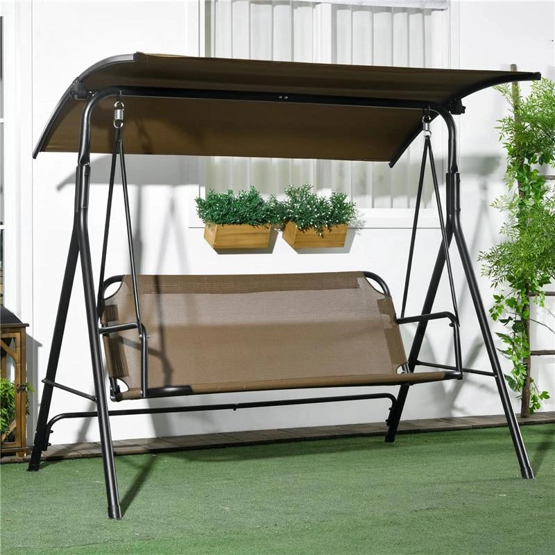 DONDOLO DA GIARDINO 3 POSTI CON COPERTURA REGOLABILE IN ACCIAIO E POLIESTERE 172X110X153 CM MARRONE E GRIGIO