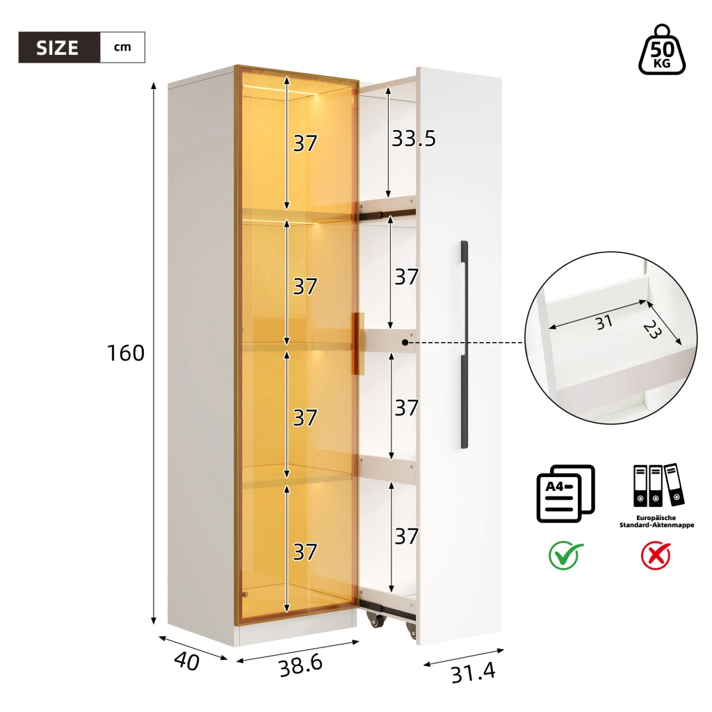 Vetrina con Ante in Vetro e Vano Laterale con LED per Soggiorno o Sala da Pranzo in MDF 70 × 40 × 160 cm Bianco