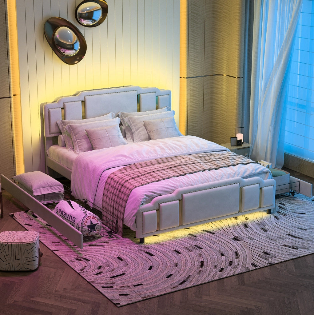 Letto matrimoniale 140x200 cm imbottito beige in velluto con cassetti e dettagli dorati