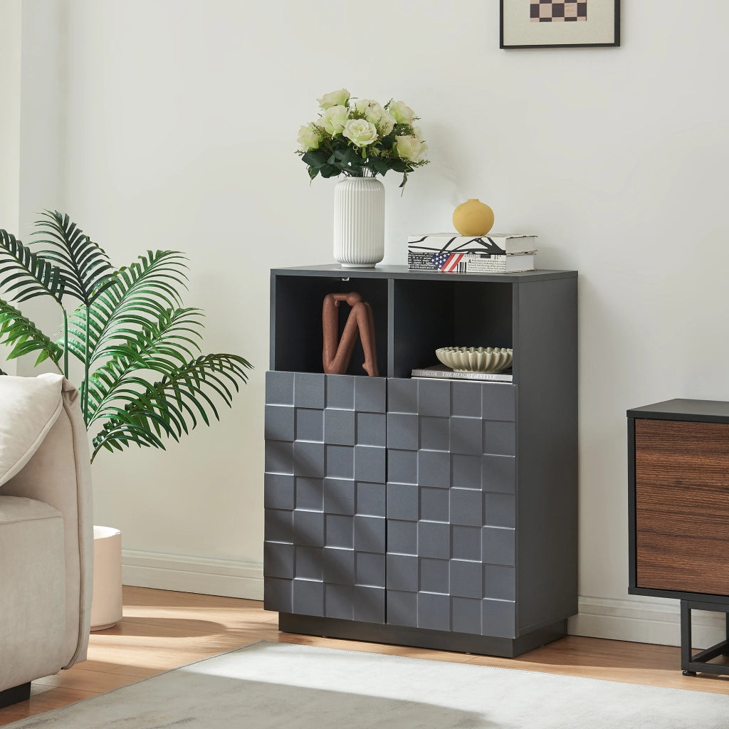 Armadio Comò Alto Bopibobro a 2 Ante Credenza con 2 Ripiani Aperti e 4 Vani Chiusi 86 x 64 x 36 cm - Grigio Scuro [en.casa]