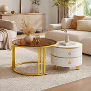 Set di 2 tavolini da caffè rotondi 70x70x45 + 50x50x40 cm in MDF e vetro bianco