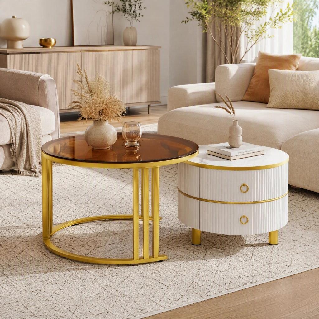 Set di 2 tavolini da caffè rotondi 70x70x45 + 50x50x40 cm in MDF e vetro bianco
