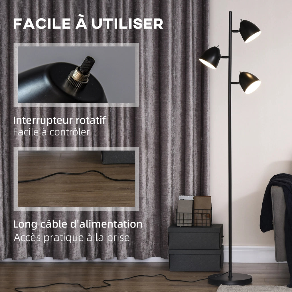 Lampada da terra 3 luci orientabile stile industriale ¨C zephmum ¨C nero acciaio 38x28x169 cm