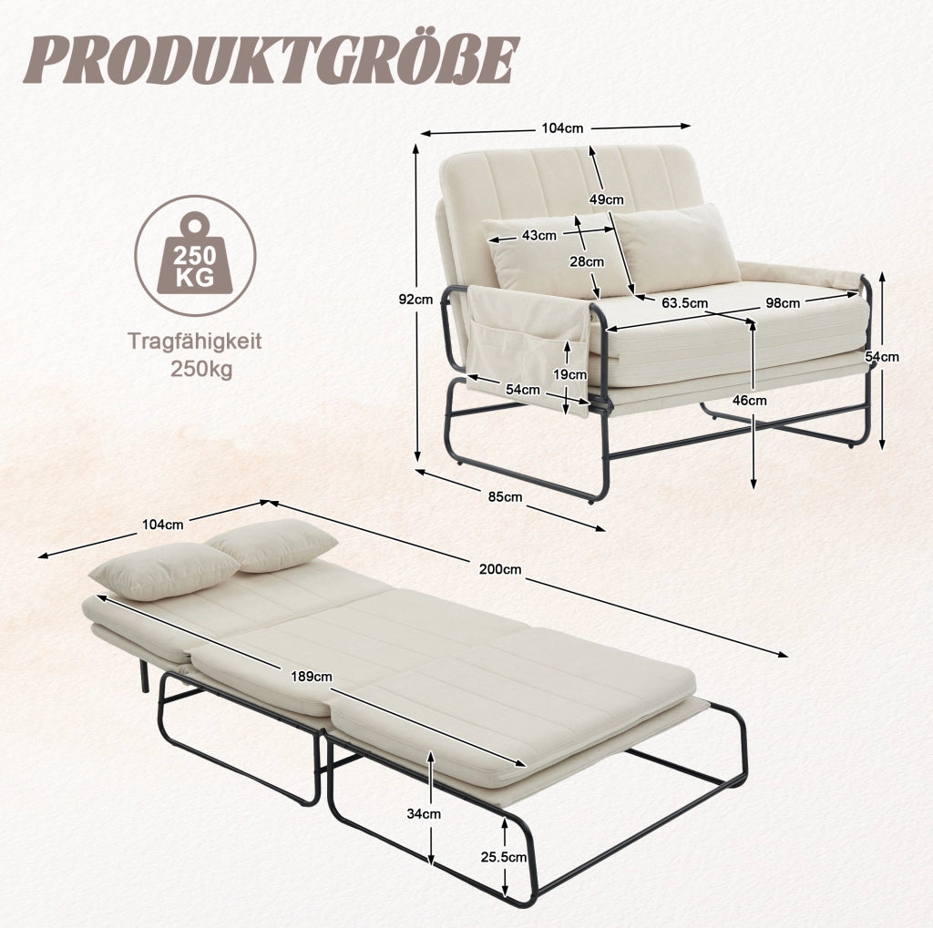 Divano letto 2 posti trasformabile 104x85x92 cm in chenille beige con struttura in metallo
