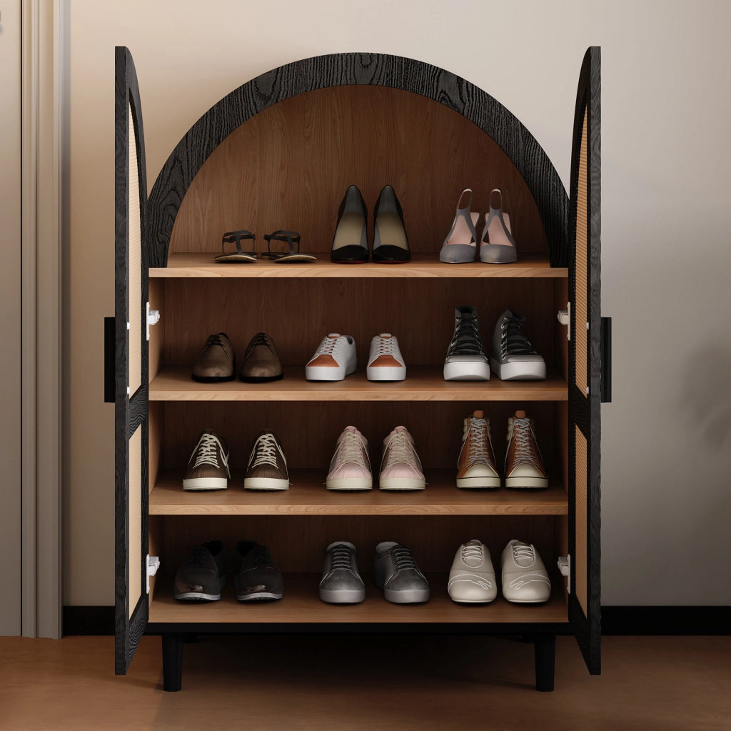 Scarpiera sideboard con ante in rattan; 70x40x100 cm; in MDF e truciolare; naturale e nero
