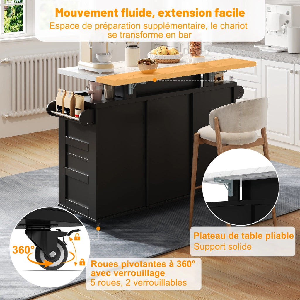 Carrello da Cucina con 2 Ante e 3 Cassetti; LED; Piano Ribaltabile; Portabicchieri e Portabottiglie; MDF
