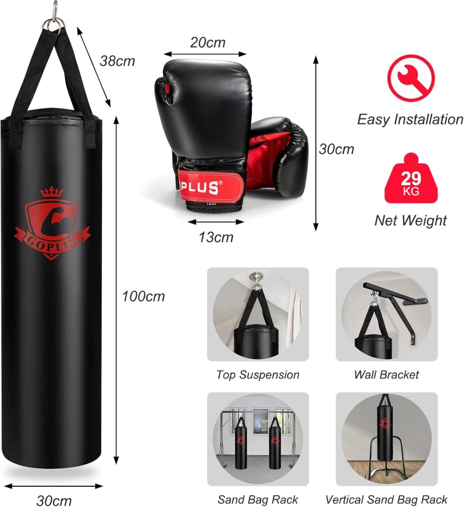 Set sacco da boxe con guantoni da boxe da 12 oz, sacco da boxe, sacco da boxe con gancio da soffitto, chiusura lampo, set da 29 kg per adulti