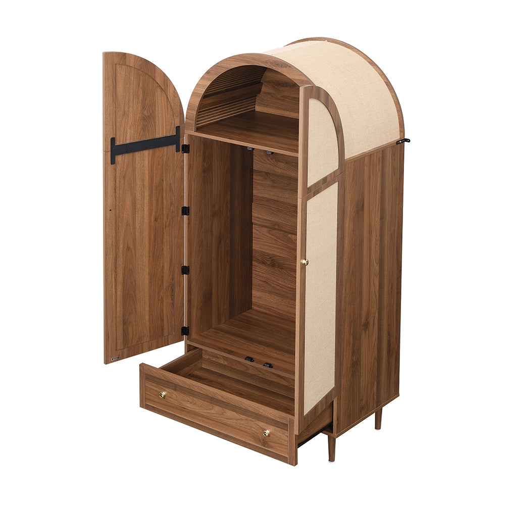 Armadio elegante con ante in tessuto e cassetto - Xylo - Aspetto noce, gambe in legno stabile, spazio pratico per abiti e accessori
