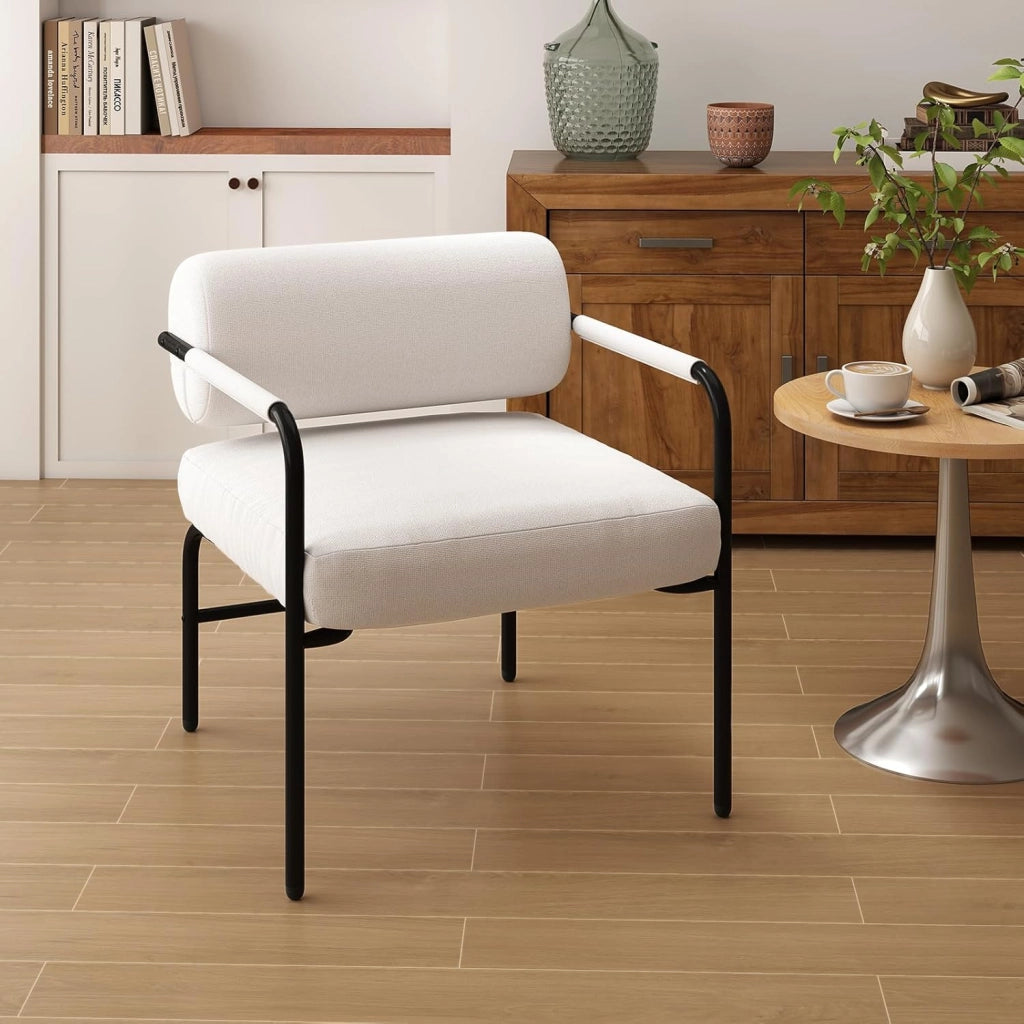 Poltrona da Salotto, Poltrona Ergonomica con Schienale Cilindrico e Braccioli in Metallo, Sedia Imbottita Laterale per Soggiorno, Camera da Letto e Sala Lettura, Portata 150 kg