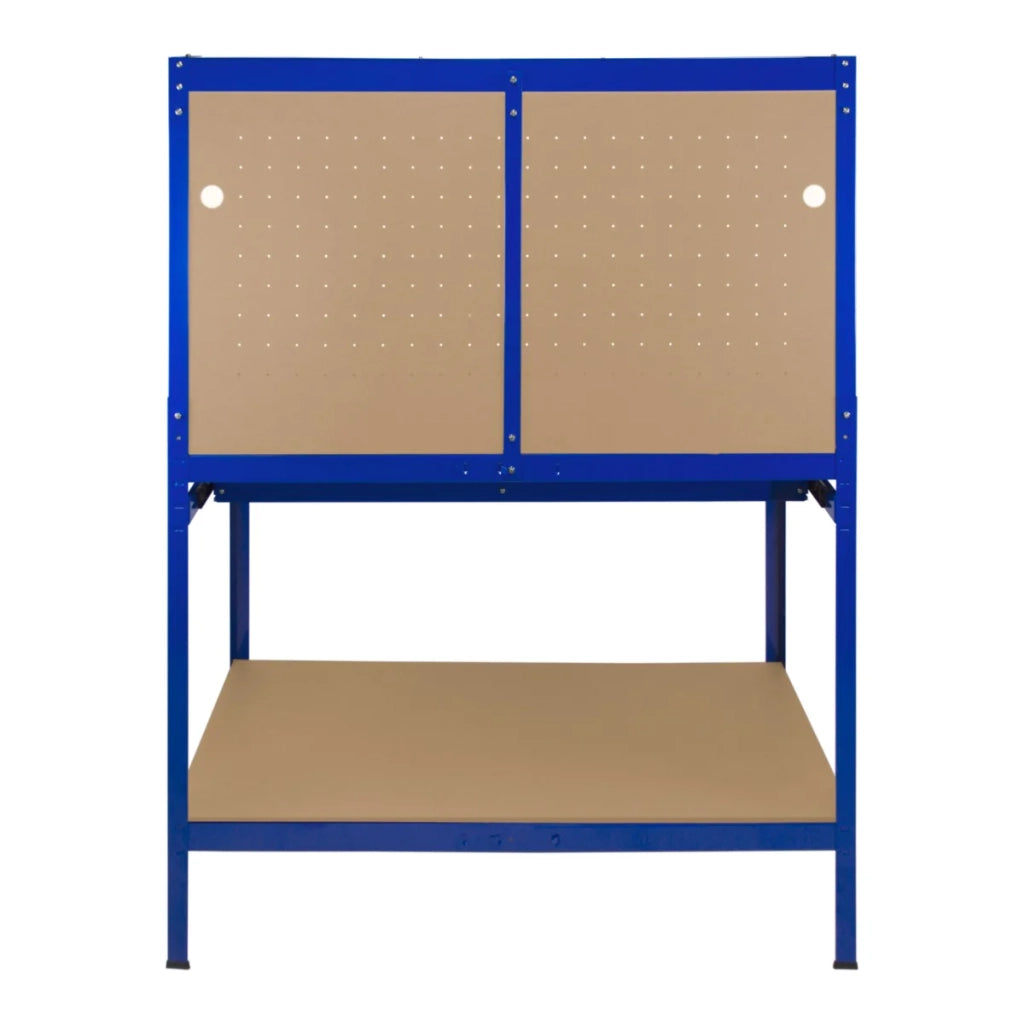 Banco da lavoro con cassetti multiuso da 120 cm con luce LED ripiani e opzioni di stoccaggio intelligenti per garage, officine e magazzini - Capacità di carico 200 kg - Blu