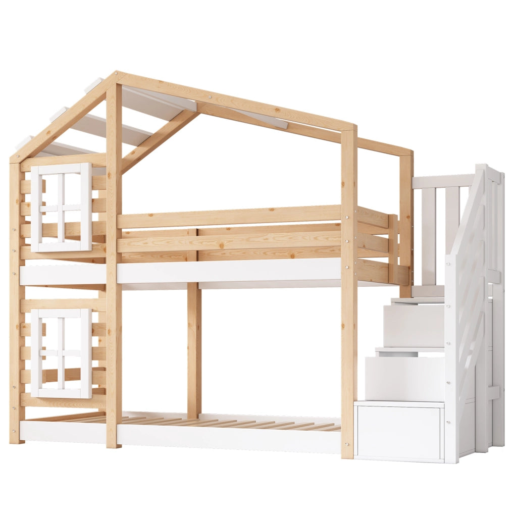 Letto a castello 90x200 cm con contenitore; casetta sull'albero; legno e MDF naturale e bianco