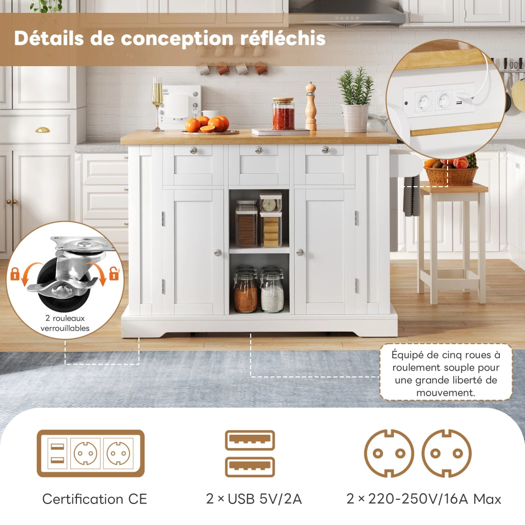 Carrello da Cucina con 3 Cassetti; 2 Ante; Piano Pieghevole; Presa e USB; 5 Ruote; in MDF; Bianco Naturale