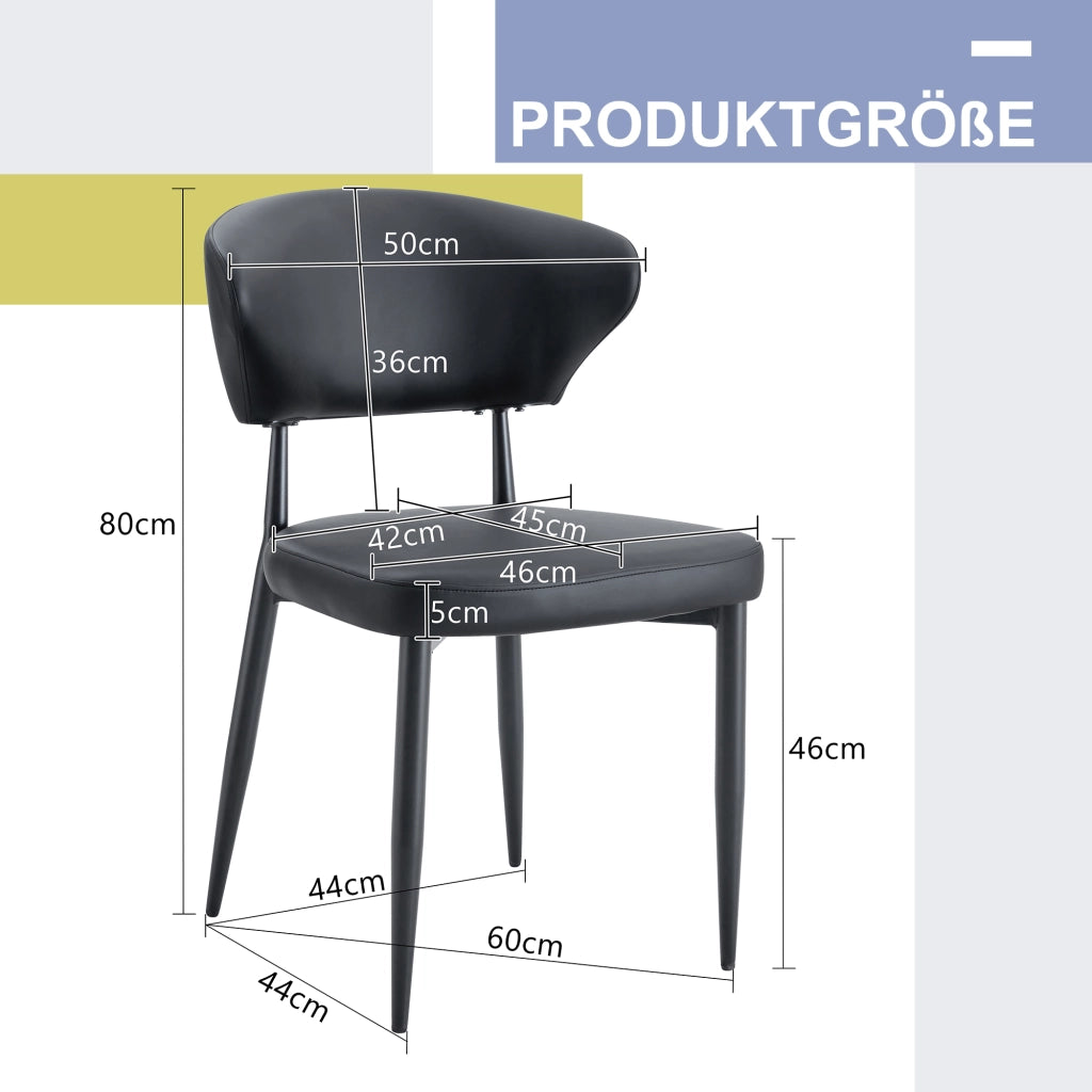 Set di 2 sedie da pranzo moderne nere in PU con gambe in metallo, schienale ergonomico