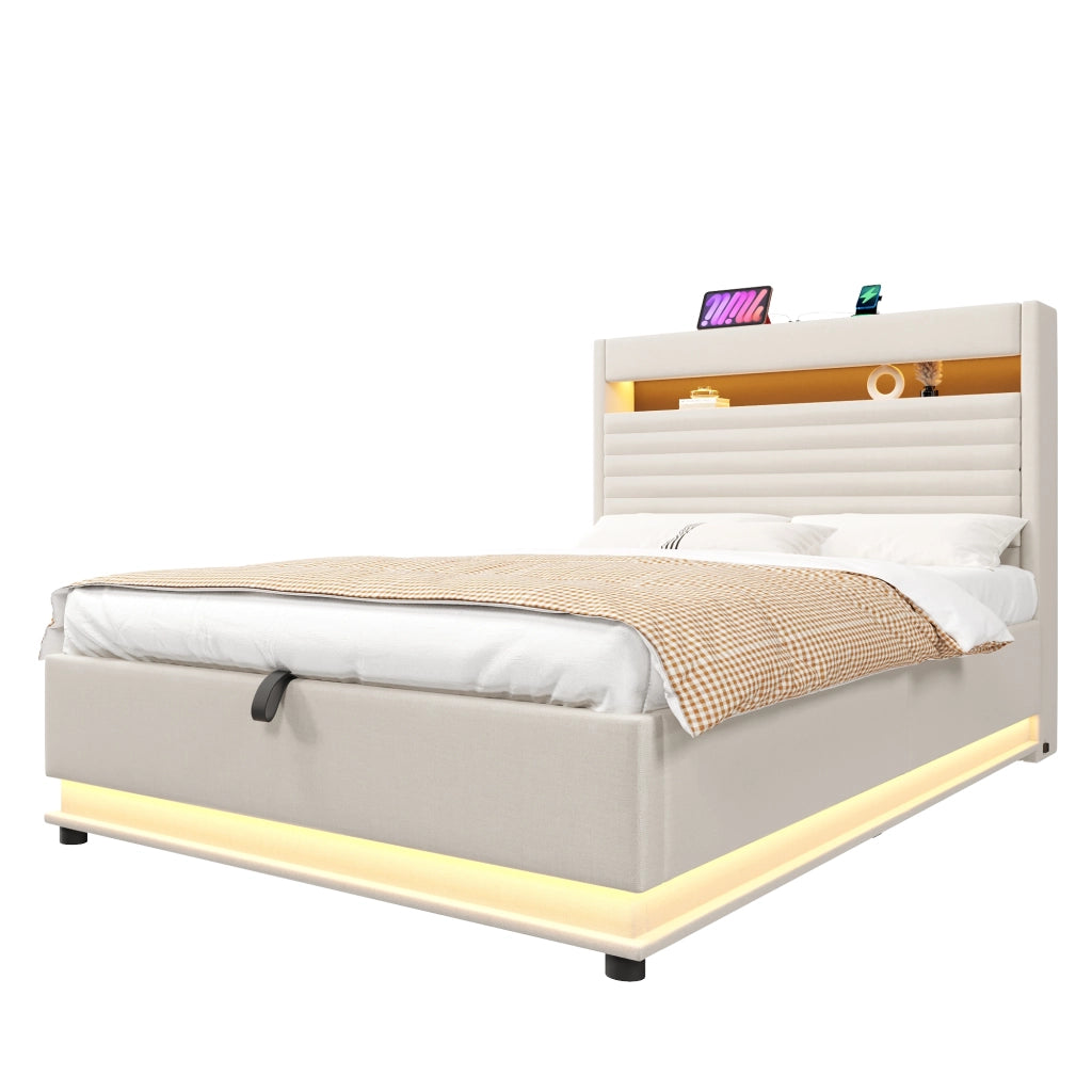 Letto imbottito con USB-C, LED e contenitore idraulico, 140x200 cm, beige