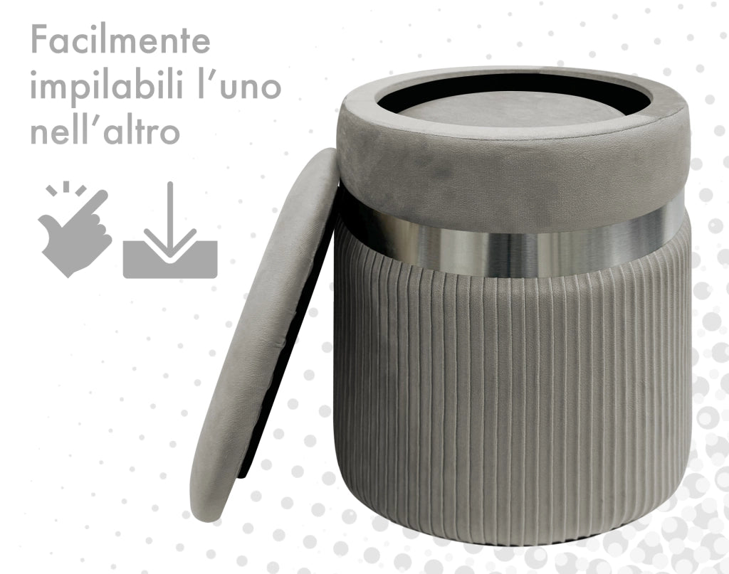Set Di 2 Pouf Contenitori In Velluto Design Moderno Poggiapiedi,Sgabello Tondo con Coperchio Rimovibile e Seduta Imbottita Alta DensitÃ  Con Fascia In Metallo Contenitore Capiente Storage Box Grigio scuro