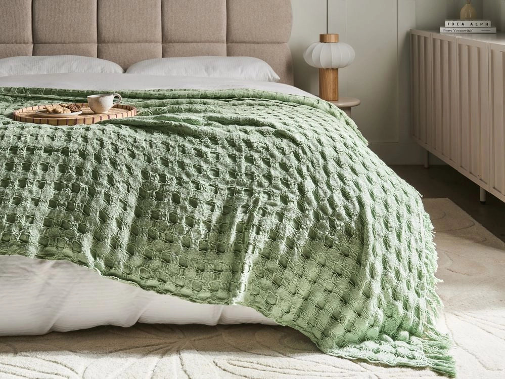 Copriletto in tessuto di cotone verde 200 x 220 cm con frange Coperta decorativa Biancheria da letto design classico Camera da letto