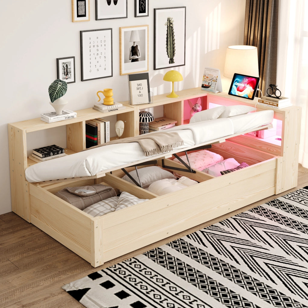 Letto singolo 90 × 200 cm con presa multifunzione, luce LED, vani contenitore e senza materasso, legno naturale